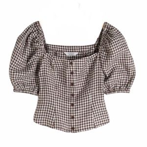 & Other Stories Linen Cropped Gingham Puff Sleeve Crop Top Brown Cream Buttons S